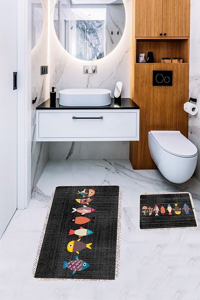 Pelangi Colorful Fish Bathroom Rug Double Toilet Seat Set Non-Slip Base Bath Mat Set