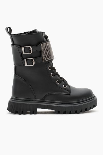 Tonny Black Dívčí černé kožené boty Thermo Sole Stone Detailní dvojitá přezka Šněrování a boty na suchý zip na zip