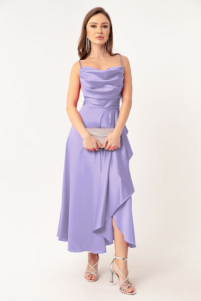 Lafaba Fliederfarbenes Volant-Schlitz-Satin-Abendkleid und Abschlusskleid in Midi-Länge für Damen