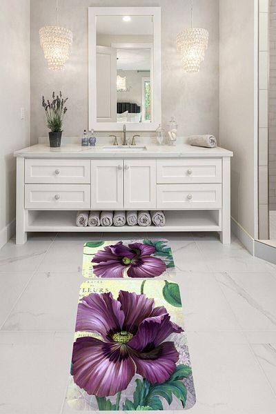Pelangi Purple Floral Bathroom Rug Double Toilet Seat with Non-Slip Base Bath Mat Set