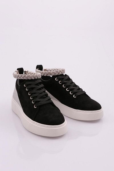 DGN Black Suede Women's Sneakers - Thick Sole, Anklet Detail, Silver Stone 15299623118