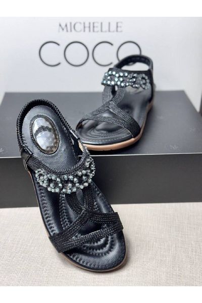 Michelle COCO Women's Sandals Black Leather Stone Detailed Massage Sole Feature