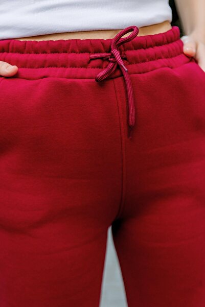 Domoda Burgundy 3 Thread Raised Women's Cotton Sweatpants with Elastic Pockets