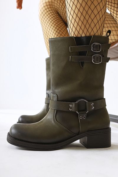 Limoya Maggie Khaki Buckle Λεπτομερείς ελαστικές γυναικείες μπότες μακράς έλξης, γυναικεία μποτάκια