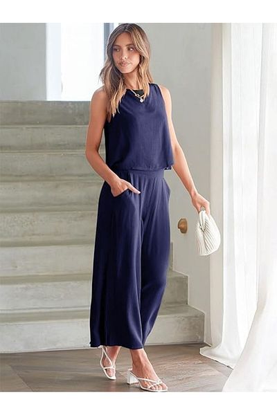 Mothermood Linen Summer High Waist Capri Pants Back Detailed Sleeveless Double Suit