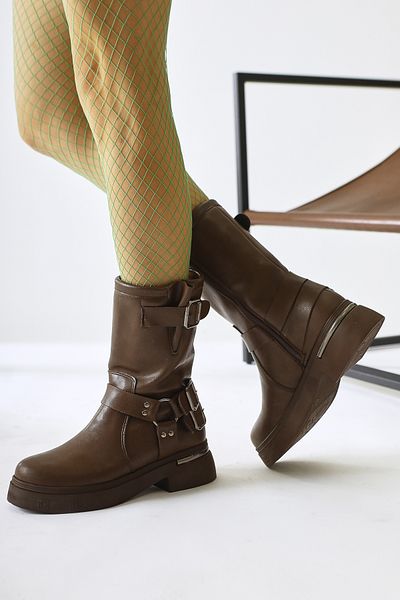 Limoya Joann Brown, Bitter Brown Color Buckle Detailed Biker Γυναικείες Μπότες, Γυναικεία Μποτάκια