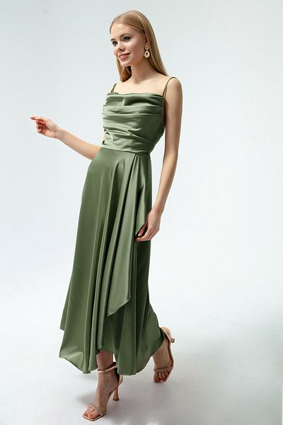 Lafaba Women's Khaki Flounce Slit Satin Midi Length Evening & Graduation Dress
