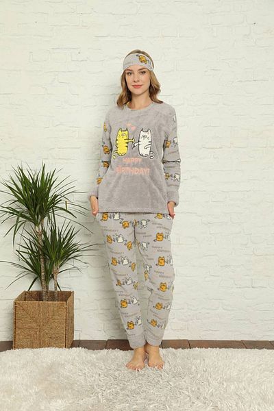 sharin Women's Patterned Gray Fleece Pajama Set 14f-20022