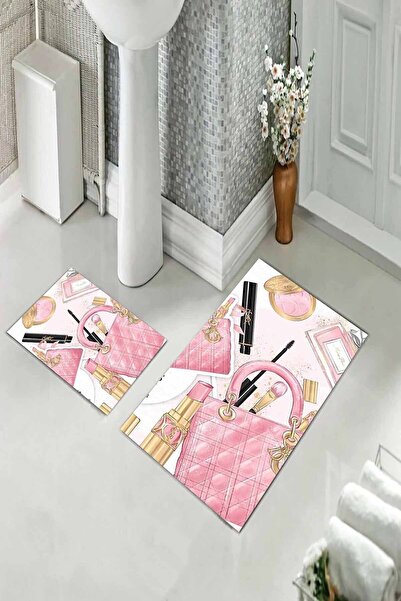 Pelangi Pembe Makyaj Çanta Banyo Halısı Ikili Klozet Takımı Kaymaz Taban (60 ...