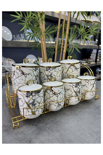 ACAR Luxury Porcelain 7-Piece Gold Spice Set with Edwina Stand