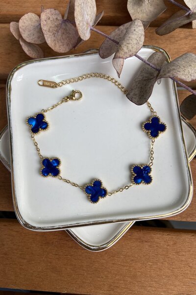 My Joyas Design Gold Clover Bracelet - Steel Navy Blue Pearlescent