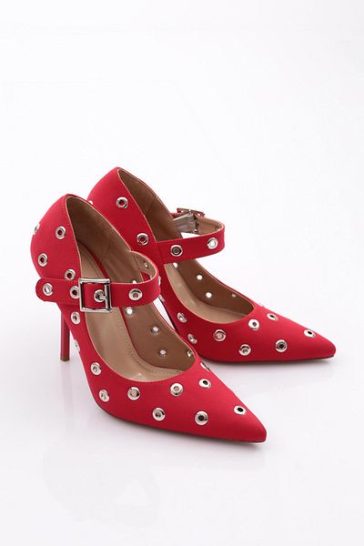 DGN Pantofi cu toc cu găuri de damă din satin roșu 56623557
