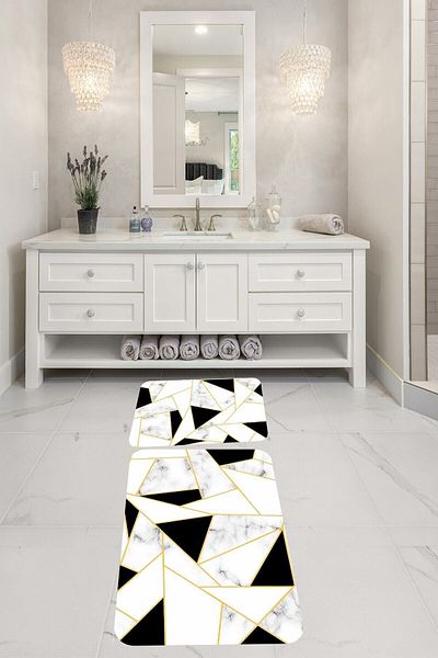 Pelangi Triangle Blocked Bathroom Rug Double Toilet Seat with Non-Slip Base Bath Mat Set