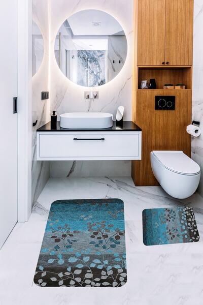 Pelangi Blue Leaf Bathroom Rug Double Toilet Seat with Non-Slip Base Bath Mat...