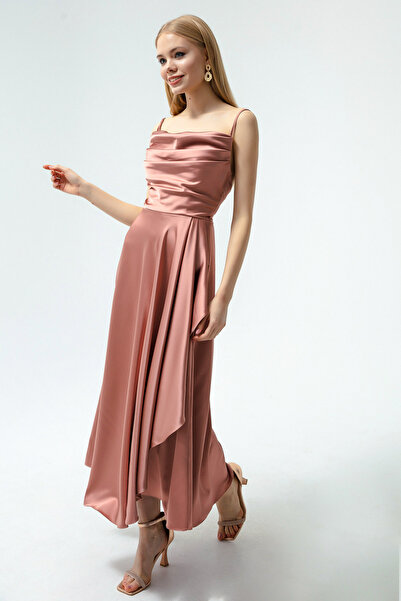 Lafaba Kadın Pembe Volanlı Yırtmaçlı Saten Midi Boy Abiye & Mezuniyet Elbisesi