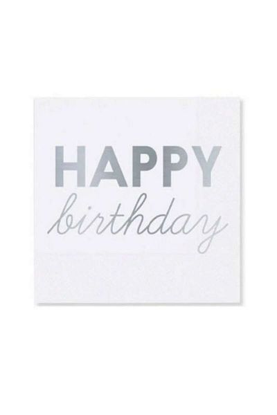 ZERO LAND - 16Pcs Silver Happy Birth Day Written Paper Napkins White Zngzr