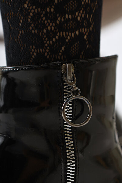 Limoya Deyana Siyah Rugan Fermuar Aksesuarlı Kadın Bot, Kadın Bootie