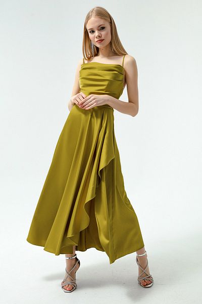 OFZE Women's Oil Green Flounce Slit Satin Midi Length Evening & Graduation Dress