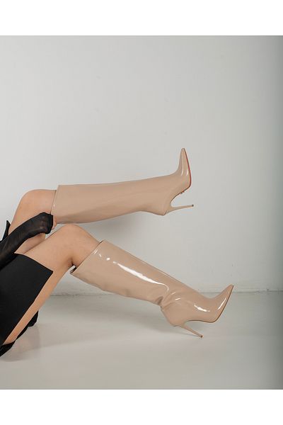 AYAKKABI PRENSİ Rakkas Nude Patent Leather 10 cm Women's Boots, Heeled Boots