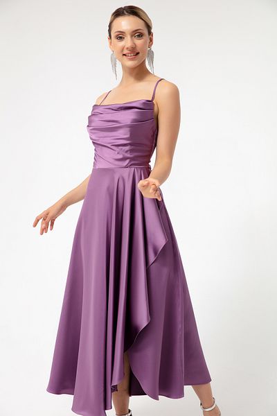 Lafaba Lavendelfarbenes Volant-Schlitz-Satin-Midi-Abendkleid und Abschlusskleid für Damen