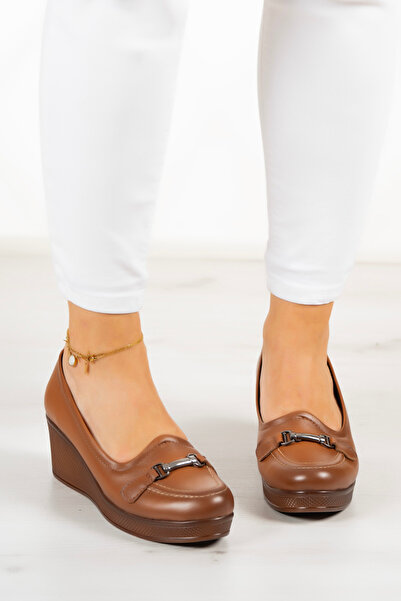 Erkan Saçmacı Genuine Leather Maika Tan - Wedge Heel Casual Shoes
