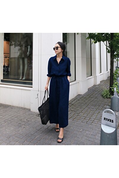 Toridas Linen Daily Comfortable Waist Lace Detailed Long Sleeve Dress