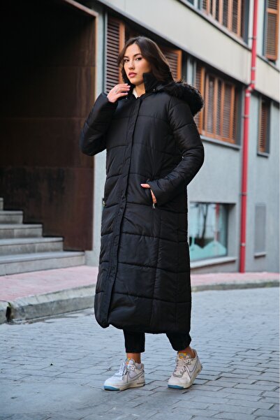 1tarz Toridas Diz Boy Kürk Detaylı Şişme Mont Bt293siyah1