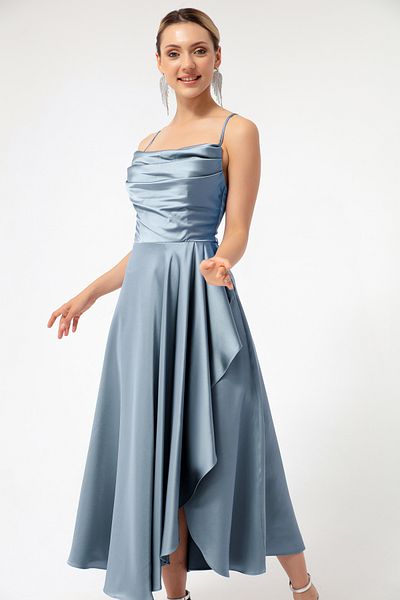 Lafaba Rochie de seară cu lungime midi din satin și rochie de absolvire pentru femei, albastră