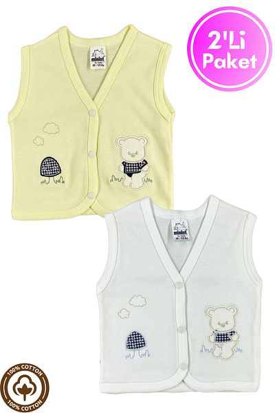 Miniel Unisex Baby Mushroom Teddy Bear Embroidered Organic Cotton 3-6-9 Months 2-Piece Combed Cotton Baby Vest - Yellow