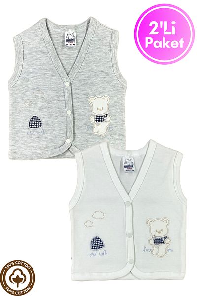Miniel Unisex Baby Mushroom Teddy Bear Embroidered Organic Cotton 3-6-9 Months 2-Piece Combed Cotton Baby Vest - Gray