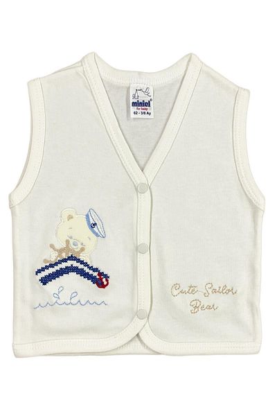 Miniel Baby Boy Captain Teddy Bear Embroidered Organic Cotton 3-6-9 Months 2-Piece Combed Baby Vest - Gray