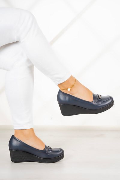 Erkan Saçmacı Παπούτσια Maika Navy Blue από γνήσιο δέρμα Daily Wedge Heel