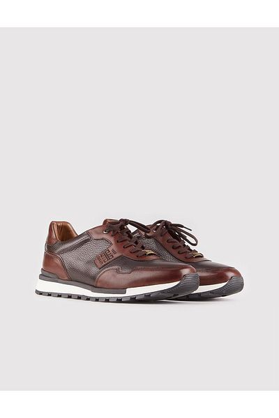 Cabani Genuine Leather Special Design Brown Lace-Up Men's Sports Shoes