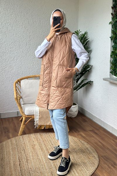 Salih Çelebi Camel 5000 Model Front Zippered Hooded Vest