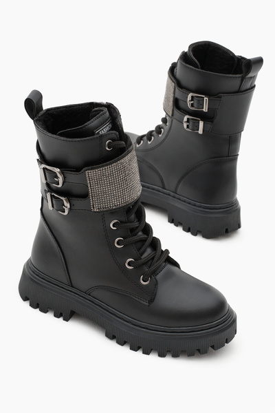 Tonny Black Dívčí černé kožené boty Thermo Sole Stone Detailní dvojitá přezka Šněrování a boty na suchý zip na zip