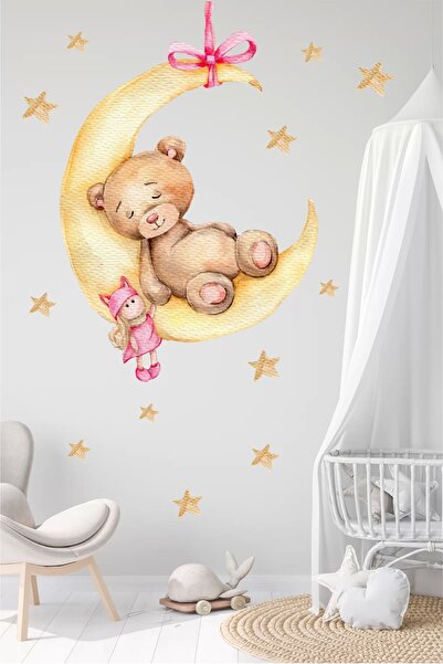 neşeli günlerim Σετ αυτοκόλλητων τοίχου με αρκουδάκι που κοιμάται στο φεγγάρι