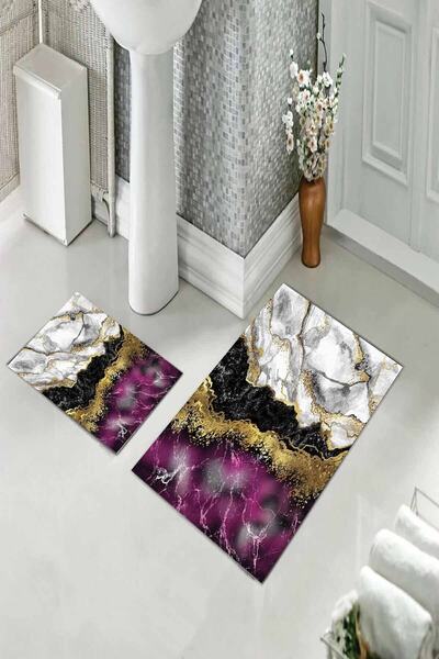 Pelangi Purple Marble Patterned Double Toilet Seat - Non-Slip Based Bathroom Rug (60 cm X 100 cm + 40 cm X 60 cm)
