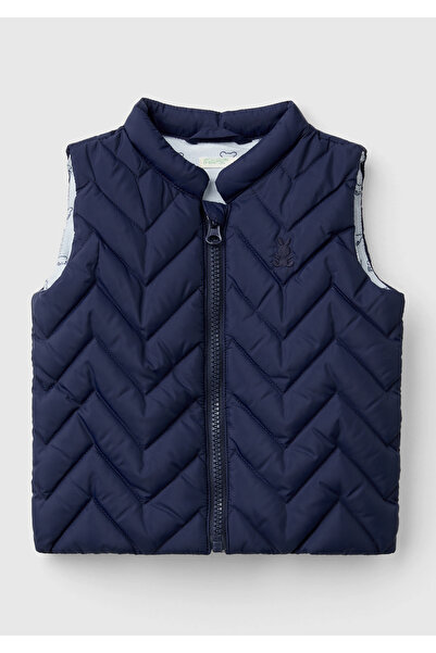 United Colors of Benetton Baby Navy Blue Chest Logo Printed Zigzag Patterned Zipper Closure Vest