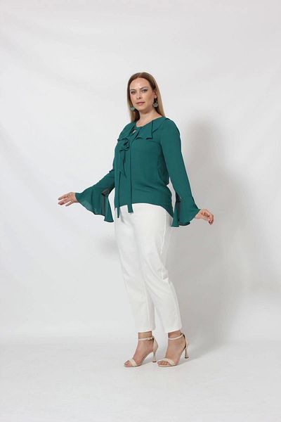Moda Berray 3241-5Y Green Spanish Sleeve Neck Tie Detailed Blouse