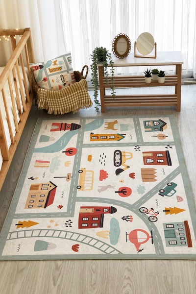 Evmila Yol Desenli Dijital Baskı Çocuk Halısı