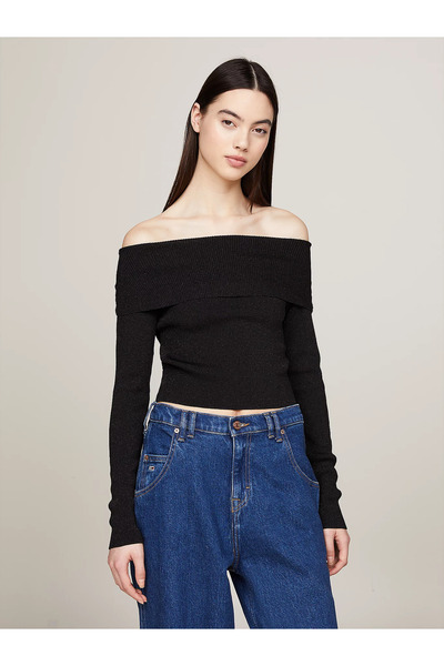 Tommy Hilfiger Kadın Logolu Yuvarlak Yakalı Uzun Kollu Günlük Kullanım Siyah Kazak DW0DW17501-BDS