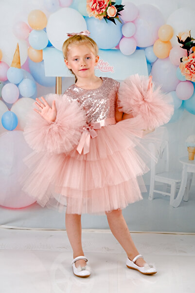 Delfini kids Kız Çocuk Tokalı Ponpon Kollu Abiye Parti Doğumgünü Elbisesi