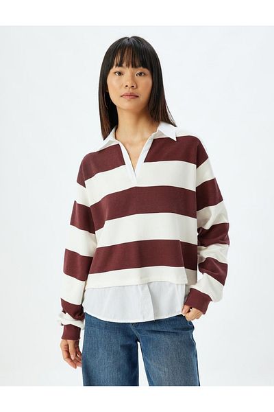 Koton Sweat de damă cu dungi bordeaux - 5wal10446ık
