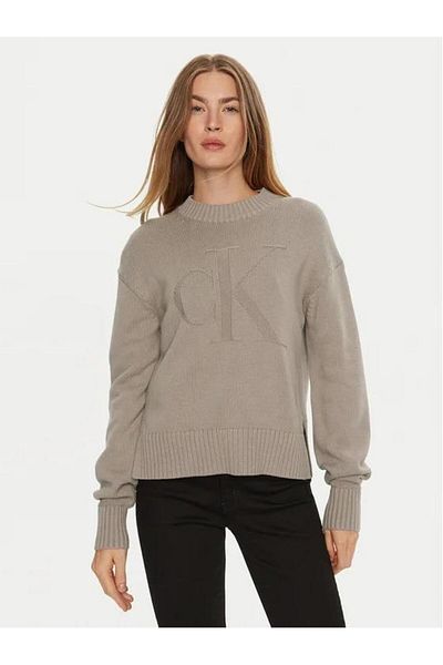 Calvin Klein Women's Beige Sweater - Ck Intarsia Print, Half Neck Collar J20J 224224