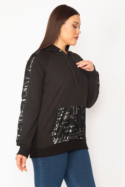 Şans Women's Large Size Black Lacquer Print and Mesh Detailed Hooded Kangaroo Pocket Sweatshirt 65n28358