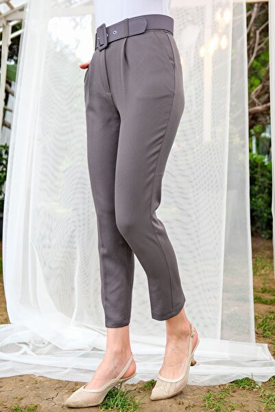 LOCCO Γκρι γυναικείο παντελόνι - Διπλή επένδυση και με ζώνη