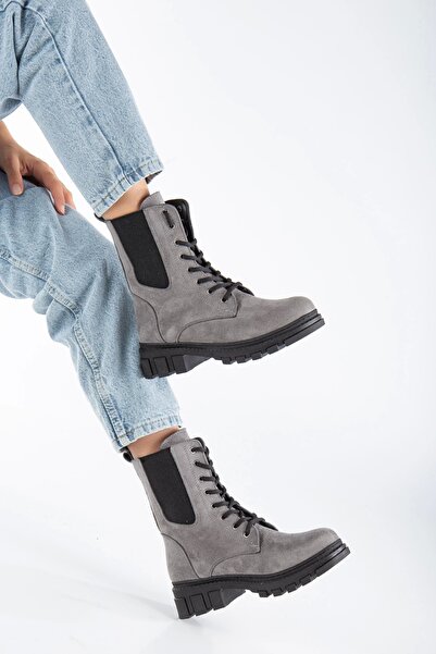 GULT Kadın Bot Lastikli Ipli Gri Süet