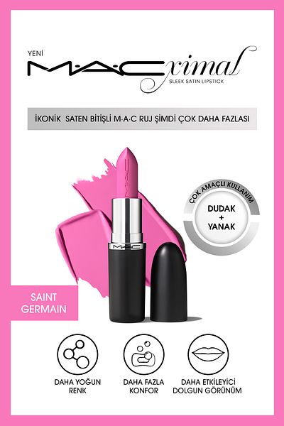 M.A.C Macximal Sleek Satin Lipstick - Iconic Lipstick-Saınt Stretching 3.5Gm