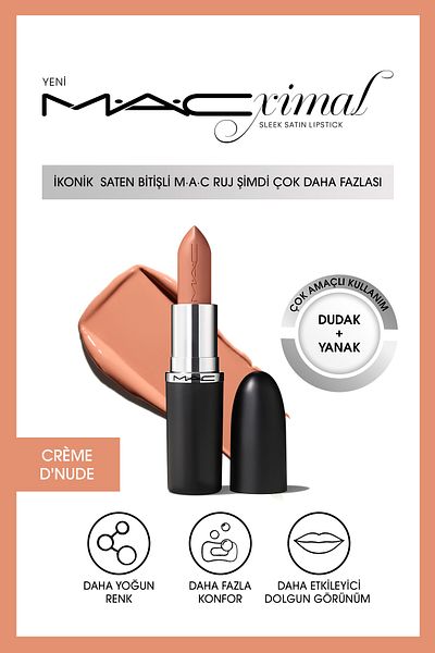 M.A.C Macximal Sleek Satin Lipstick Ikonik Satin Finish Lipstick-Crème D'Nude 3.5Gm