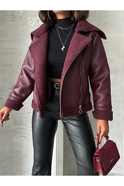 bysedaortac Women's Zippered Fur Lined Faux Leather Jacket Coat